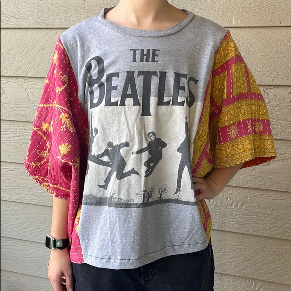 Beatles Upcycled Kantha Tunic Top Kimono Shirt OS Handmade Bohemian Hippie - Picture 2 of 3